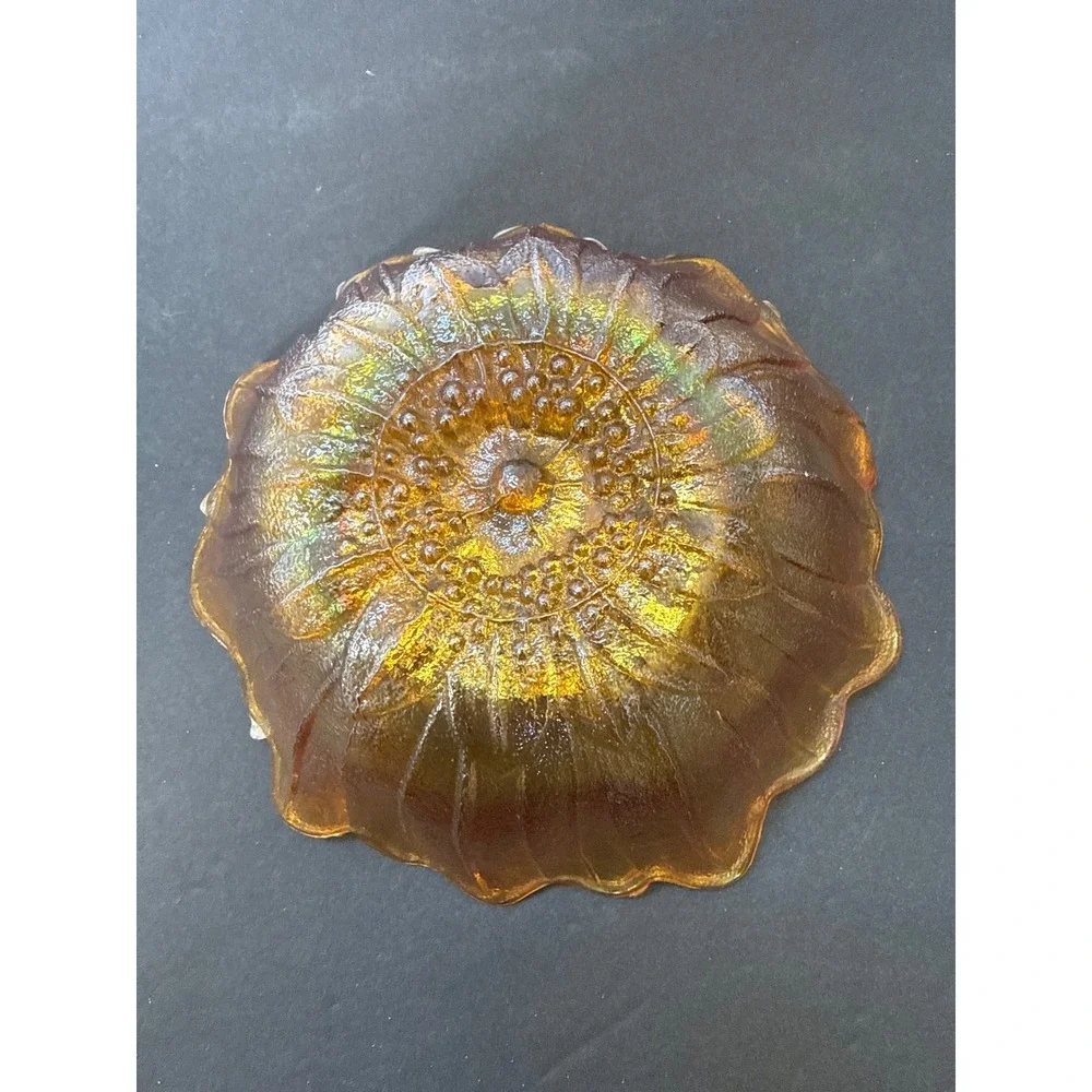 Vintage Marigold Carnival Glass Sunflower Bowl Iridescent Amber Scalloped 7.5